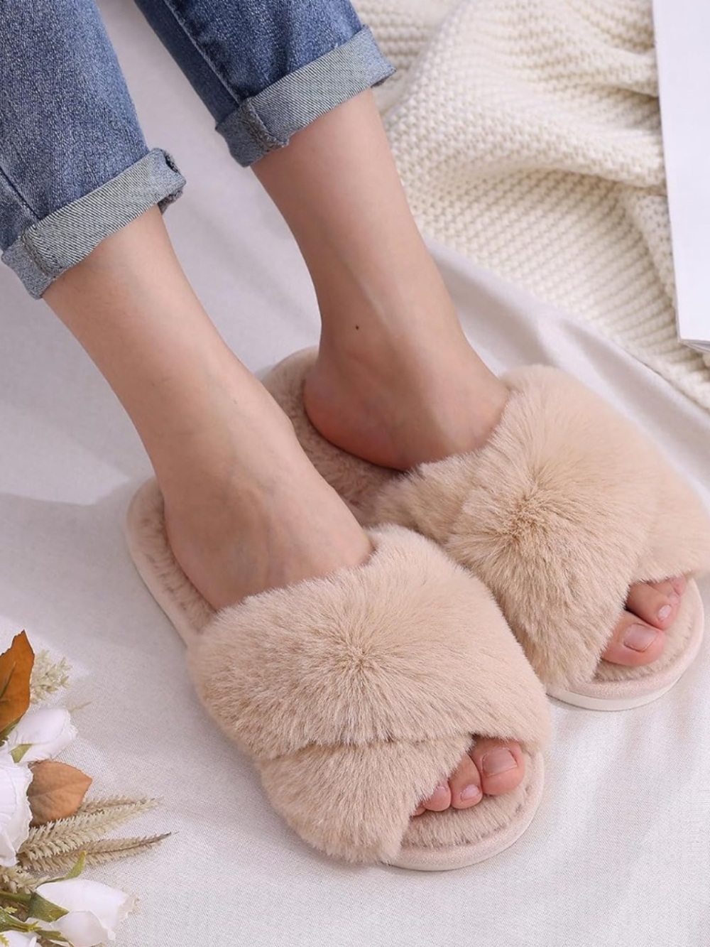 (51) New Cozy Plush Cross-Band Slippers - Beige